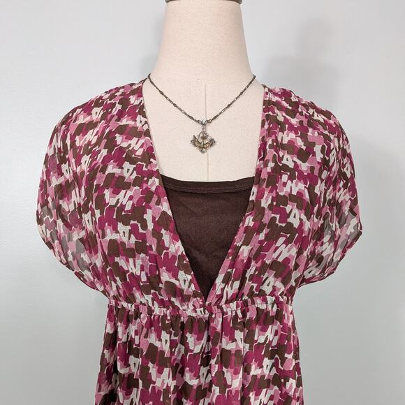 Y2K Babydoll Top S Brown Pink Flowy Chiffon Layered Geometric Flowy Feminine - Picture 2 of 12